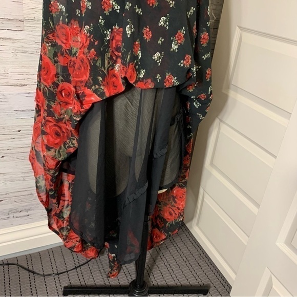 CROCUS Black Red Floral Chiffon Shift Dress Asymmetrical Lagen Look Free Size - Picture 8 of 12
